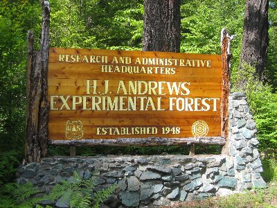 H.J. Andrews entrance sign, Photographed by Kari Oconnell, Date: 7/1/2005 