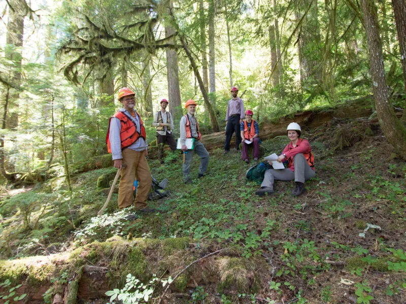 2018 veg PSP crew: David Shaw, Principal Investigator, OSU; Bryan Sipe, crew member, OSU; Rob Pabst, project coordinator, OSU; David Bell, Research Forester, PNW Research Station; Jessie Hild, crew member, OSU; Amanda Brackett, crew leader, OSU