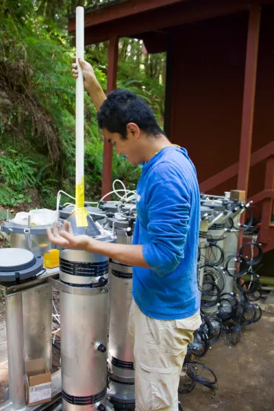 PhD student Satish Serchan at the WS01 mesocosm