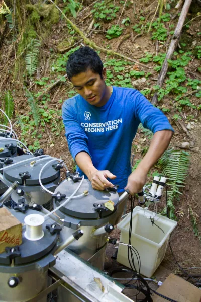 PhD student Satish Serchan at the WS01 mesocosm
