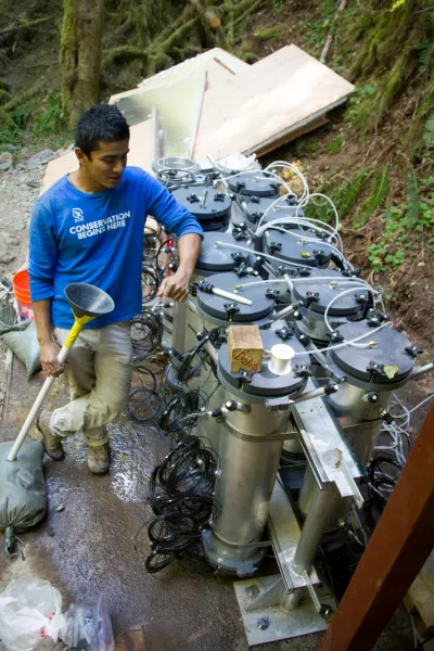 PhD student Satish Serchan at the WS01 mesocosm