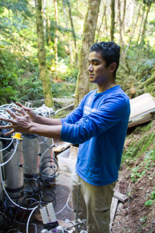 PhD student Satish Serchan at the WS01 mesocosm