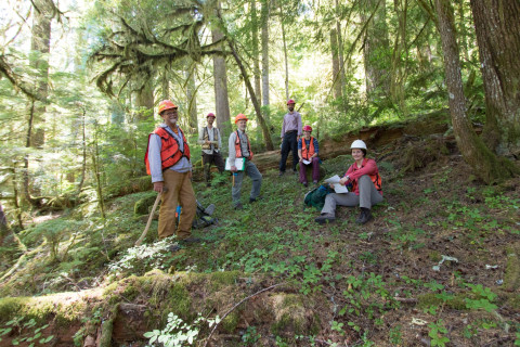 2018 veg PSP crew: David Shaw, Principal Investigator, OSU; Bryan Sipe, crew member, OSU; Rob Pabst, project coordinator, OSU; David Bell, Research Forester, PNW Research Station; Jessie Hild, crew member, OSU; Amanda Brackett, crew leader, OSU