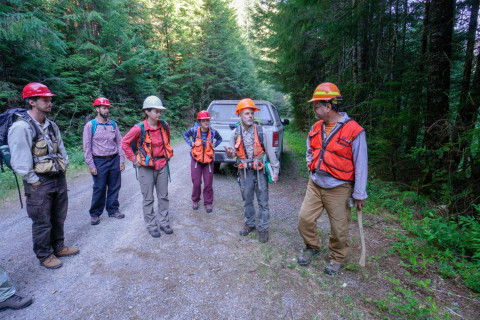 2018 PNW PSP crew. L to R: Bryan Sipe, crew member, OSU; David Bell, Research Forester, PNW Research Station; Amanda Brackett, crew leader, OSU; Jessie Hild, crew member, OSU; Rob Pabst, project coordinator, OSU; David Shaw, Principal Investigator, OSU