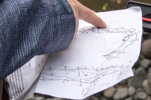 1990 map of the stream channel in lower Lookout Creek by Nakamura and Swanson used as a reference in the 2019 survey. Map depicts channel morphology and the location of sample cross sections.