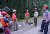 The veg PSP crew prepares for field work. L to R: Jessie Hild, crew member, OSU; Amanda Brackett, crew leader, OSU; David Shaw, Principal Investigator, OSU; Bryan Sipe, crew member, OSU; David Bell, Research Forester, Pacific Northwest Research Station